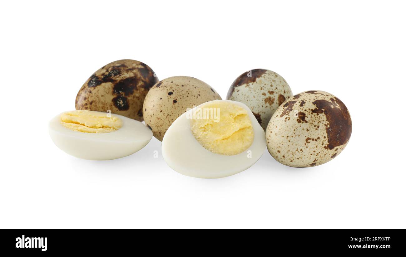 Unpeeled and peeled hard boiled quail eggs on white background Stock