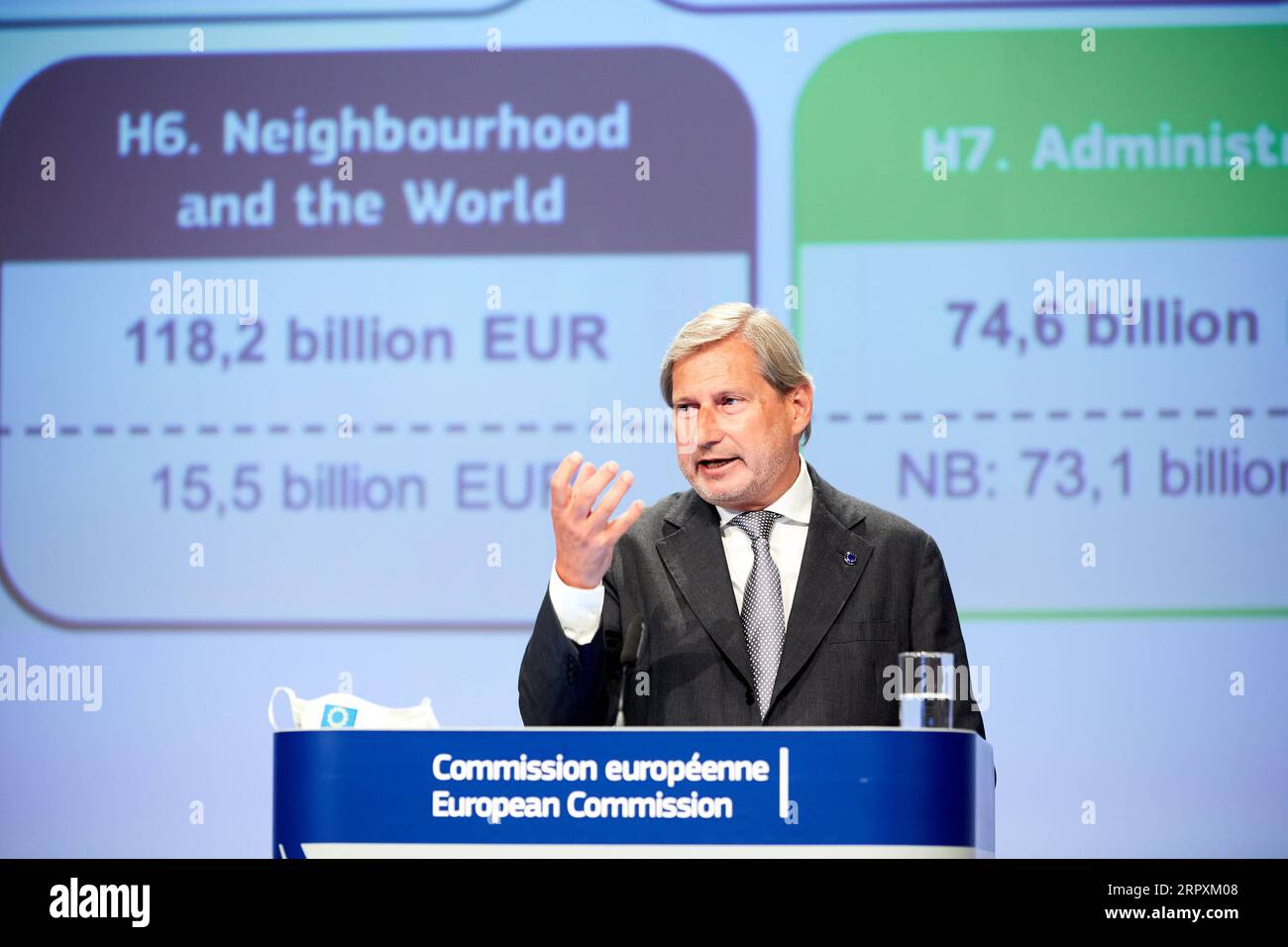 200528 -- BRUSSELS, May 28, 2020 Xinhua -- European Commissioner for Budget and Administration Johannes Hahn attends a press conference on the commission s proposal related to a recovery plan in Brussels, Belgium, May 27, 2020. The European Commission on Wednesday proposed borrowing 750 billion euros 826 billion U.S. dollars in its name from the financial market to help the world s largest trading bloc recover from a recession owing to the coronavirus pandemic. European Union/Handout via Xinhua BELGIUM-BRUSSELS-EU-COVID-19-RECOVERY FUND-PROPOSAL PUBLICATIONxNOTxINxCHN Stock Photo