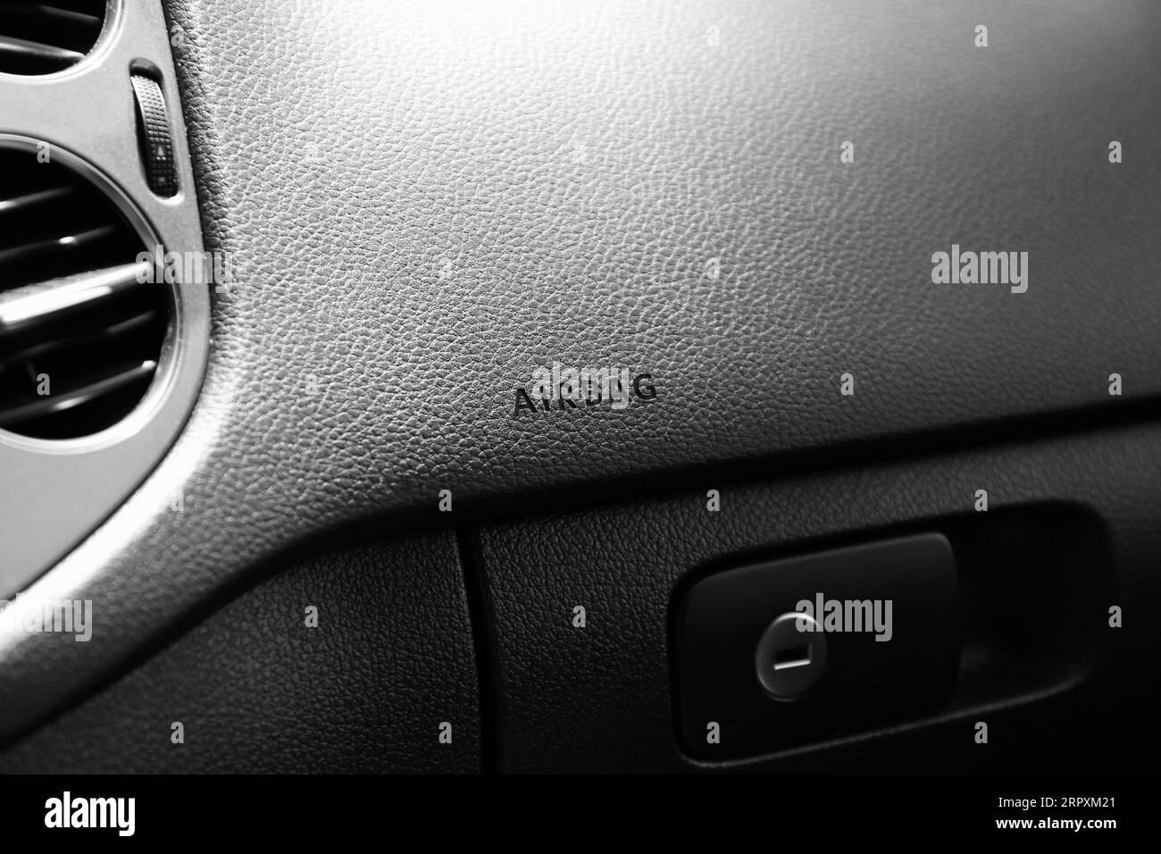Safety airbag sign on dashboard in car, closeup Stock Photo Alamy