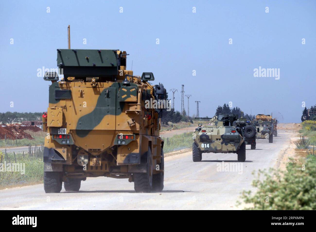 200528 -- IDLIB, May 28, 2020 Xinhua -- Military vehicles are seen during a joint patrol of Turkish and Russian troops in northwestern Idlib province of Syria, on May 28, 2020. Turkish and Russian troops conducted their 13th joint patrol along a key highway in northwestern Idlib province of Syria, the Turkish defense ministry said on Thursday. Xinhua SYRIA-IDLIB-TURKEY-RUSSIA-JOINT PATROL PUBLICATIONxNOTxINxCHN Stock Photo