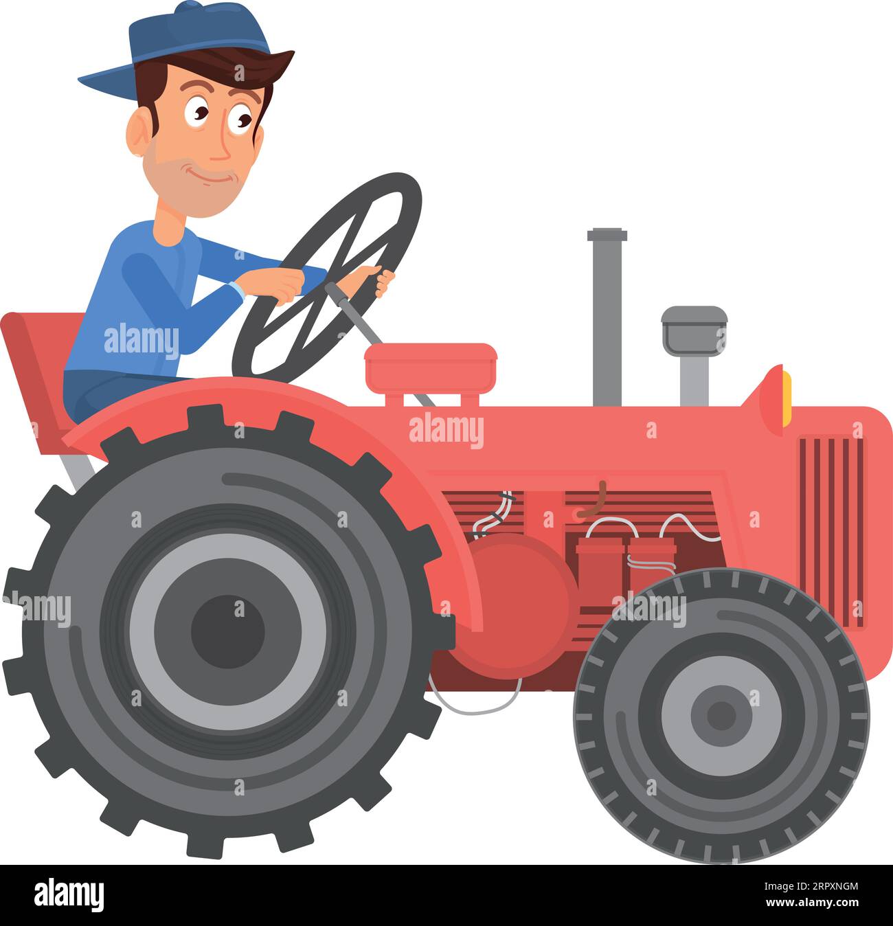 Tractor driver character. Farm work. Countryside transport Stock Vector