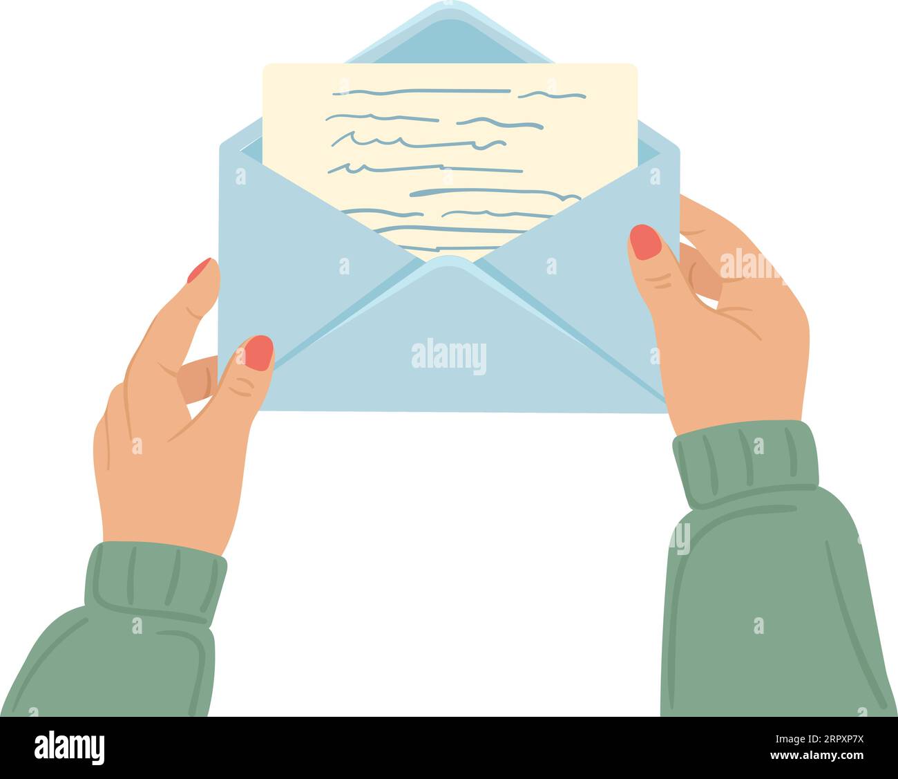 Open letter in human hands. Handwritten paper in envelope Stock Vector