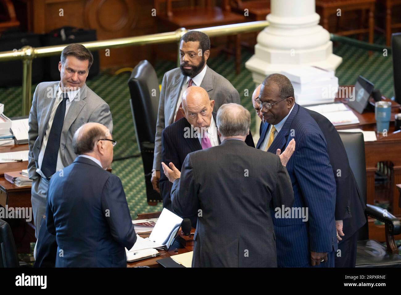 Democratic Texas senators gather for a strategy sessions during the afternoon session on the first day of impeachment trial of the Texas Attorney General Ken Paxton for alleged ethic lapses and criminal violations during his three terms in office. Credit: Bob Daemmrich/Alamy Live News Stock Photo