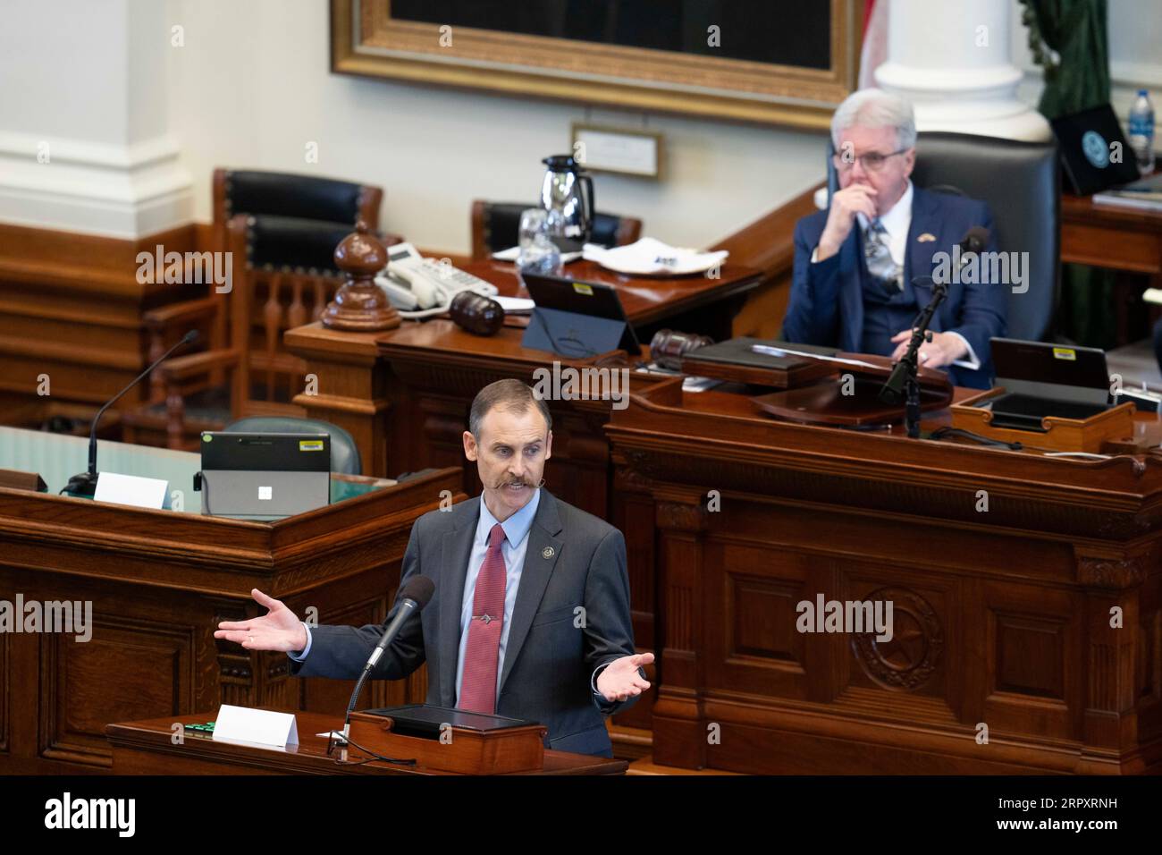 Impeachment manager Rep. ANDREW MURR, R-Junction, offers opening remarks during the afternoon session on the first day of impeachment trial of the Texas Attorney General Ken Paxton for alleged ethic lapses and criminal violations during his three terms in office. Credit: Bob Daemmrich/Alamy Live News Stock Photo