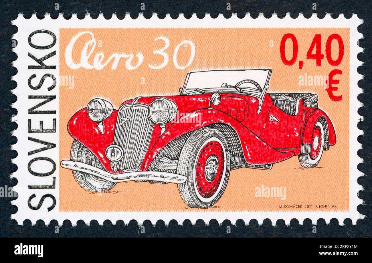 Technical monuments series: Historical cars – Aero 30. Postage stamp issued in Slovakia in 2011. Stock Photo