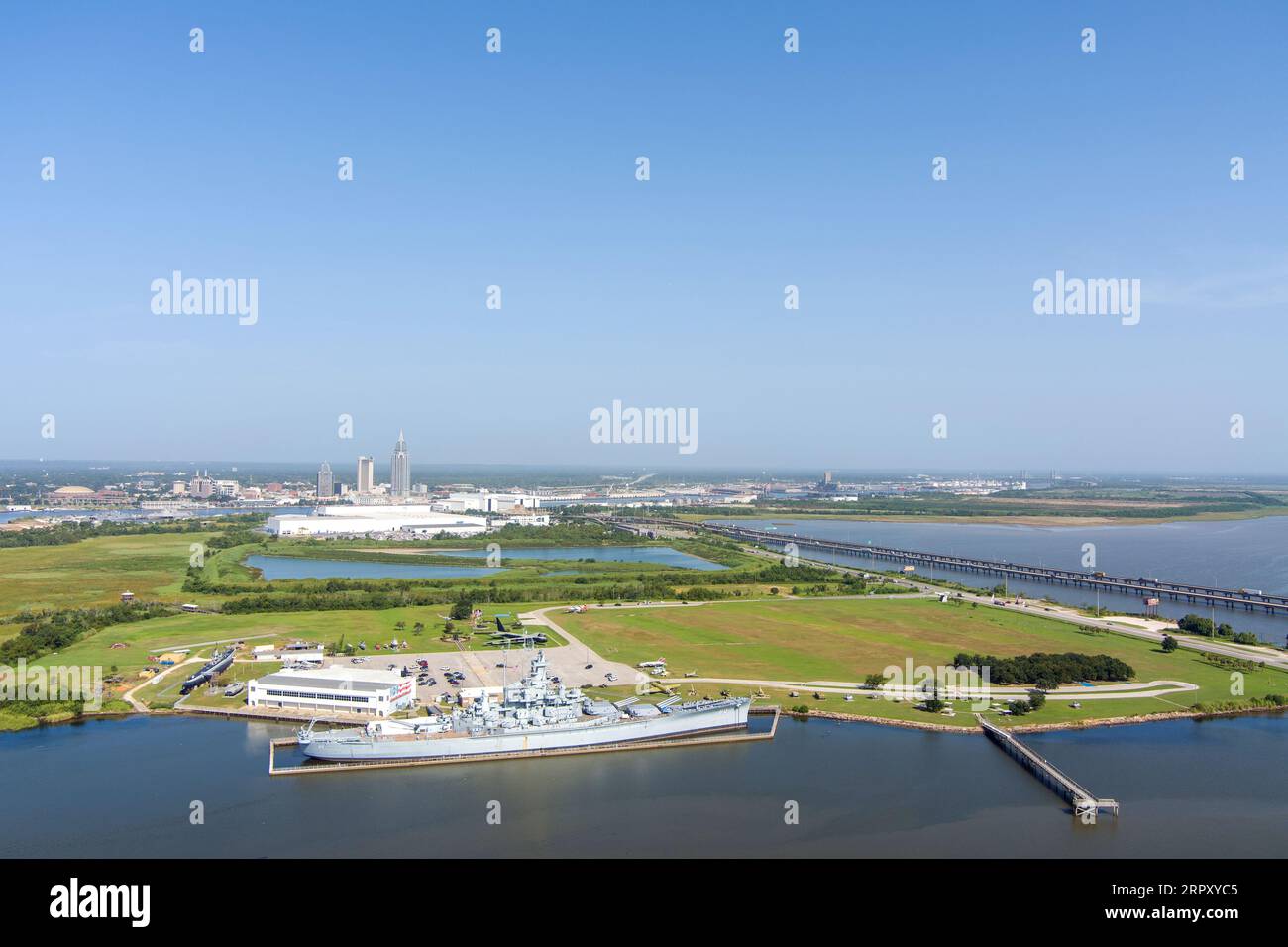 Mobile, AL USA 22 Aug 2023 aerial view of the USS Alabama Battleship