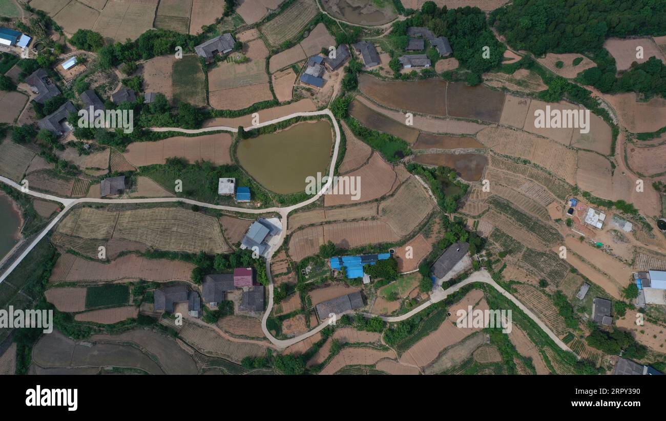 200612 -- JIANGE, June 12, 2020 -- Aerial photo taken on June 11, 2020 shows a view of the Longquan Village of Jiange County in Guangyuan, southwest China s Sichuan Province.  CHINA-SICHUAN-JIANGE-SEEDLING PLANTING CN LixMengxin PUBLICATIONxNOTxINxCHN Stock Photo