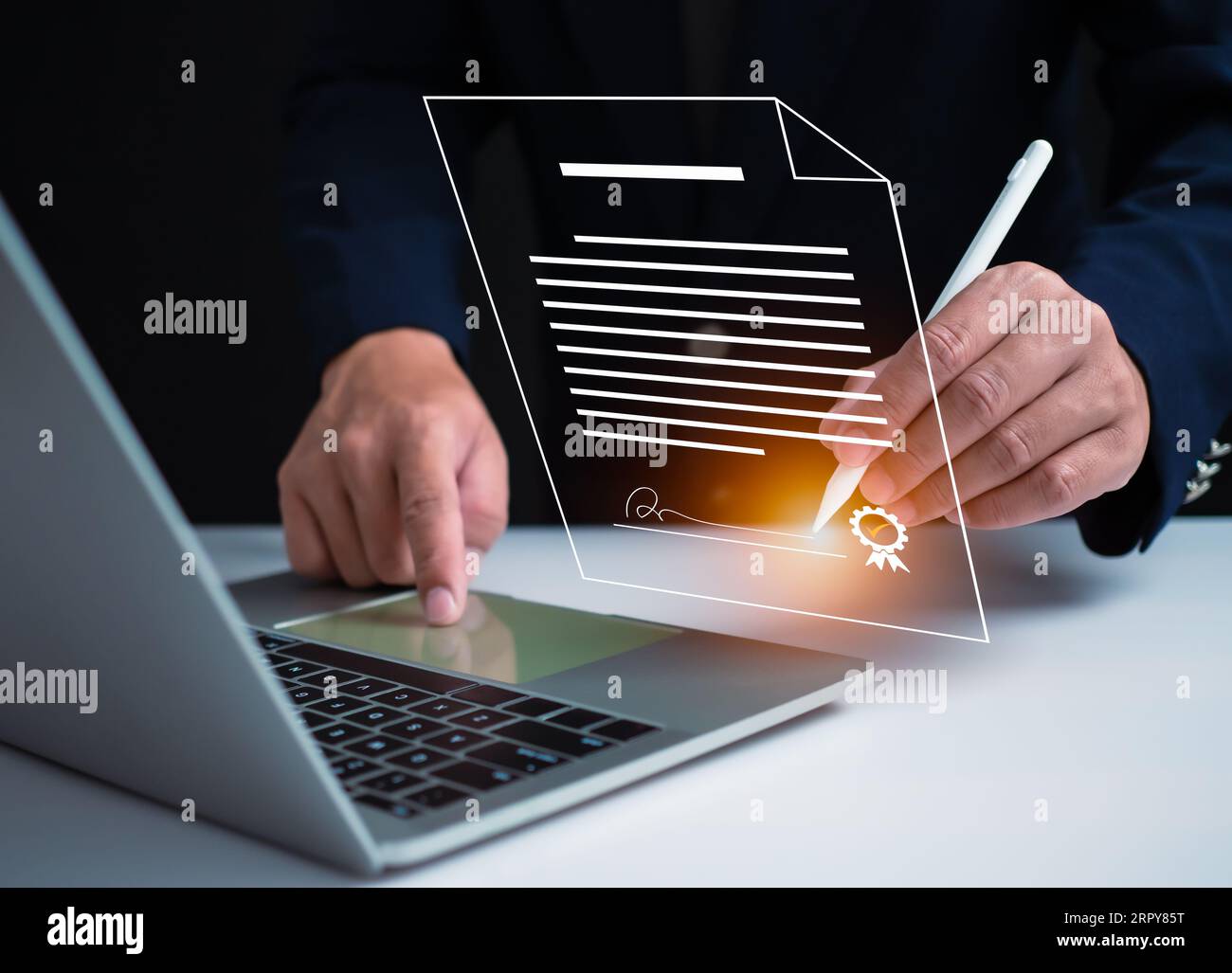 Businessman use electronic pen sign signature on electronic E-signing, data sheet document management, Electronic signature and paperless office conce Stock Photo