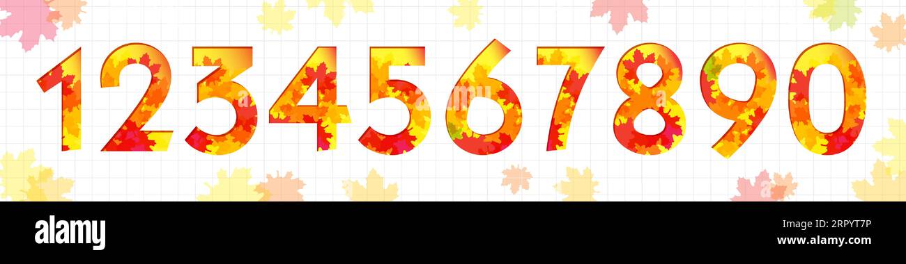 Set of autumn isolated numbers from 0 to 9. School notebook background. Happy birthday idea. September, October and November elements. Harvest holiday Stock Vector