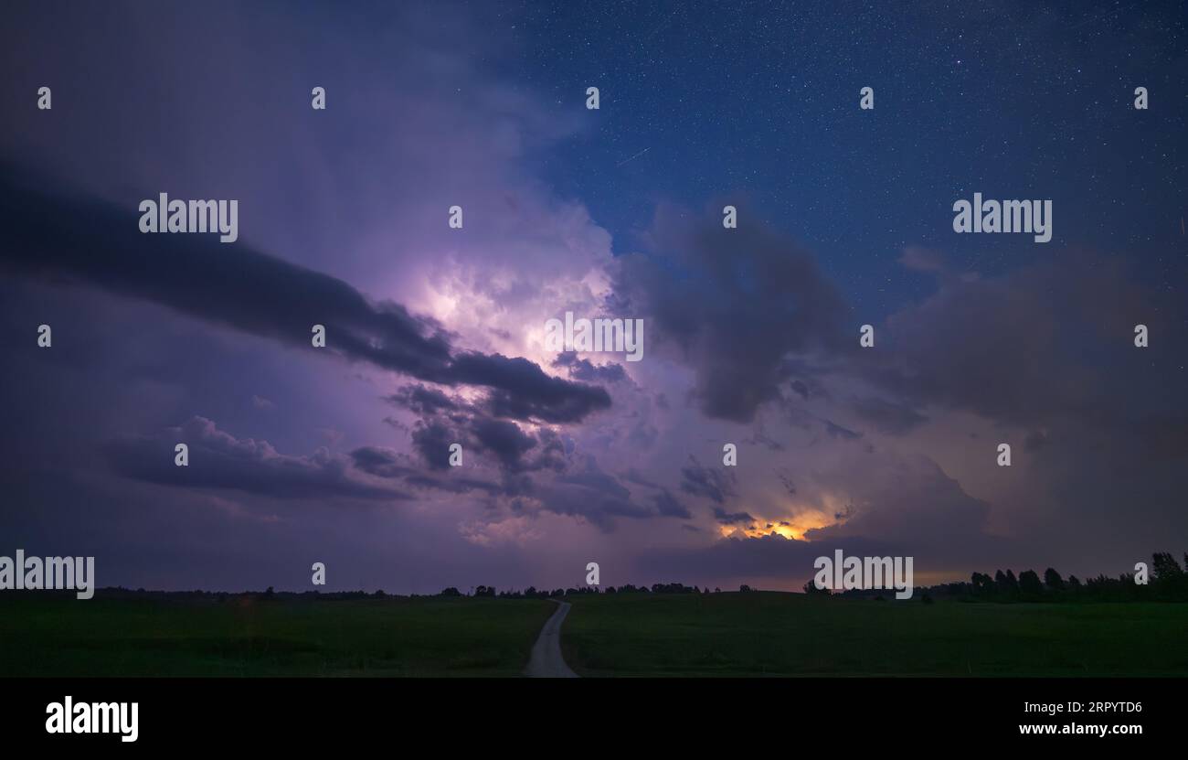 Thunderstorm at night with Milky way moving across the sky Stock Photo ...