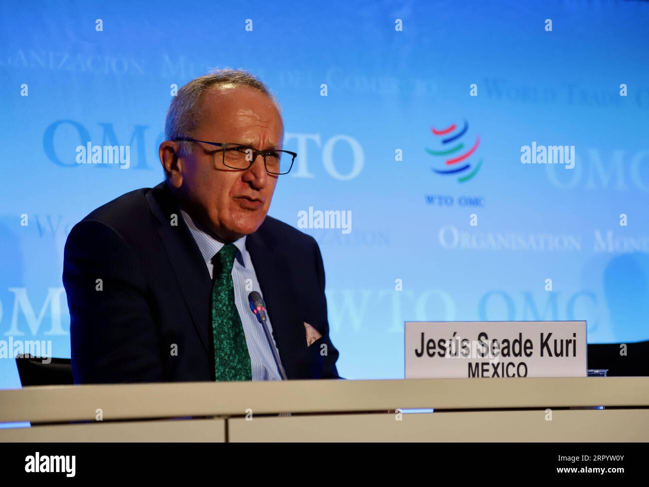 200716 -- GENEVA, July 16, 2020 Xinhua -- Jesus Seade Kuri of Mexico, a candidate for the new head of the World Trade Organization WTO, attends a press conference at the WTO headquarters in Geneva, Switzerland, July 15, 2020. With the selection process for the new head of WTO entering the second phase, three of the candidates presented themselves with members at a special General Council meeting on Wednesday. They each had one hour and a half to make their candidacy presentations and take questions from the membership. Photo by Li Ye/Xinhua SWITZERLAND-GENEVA-WTO CHIEF-CANDIDATES-SELECTION PRO Stock Photo