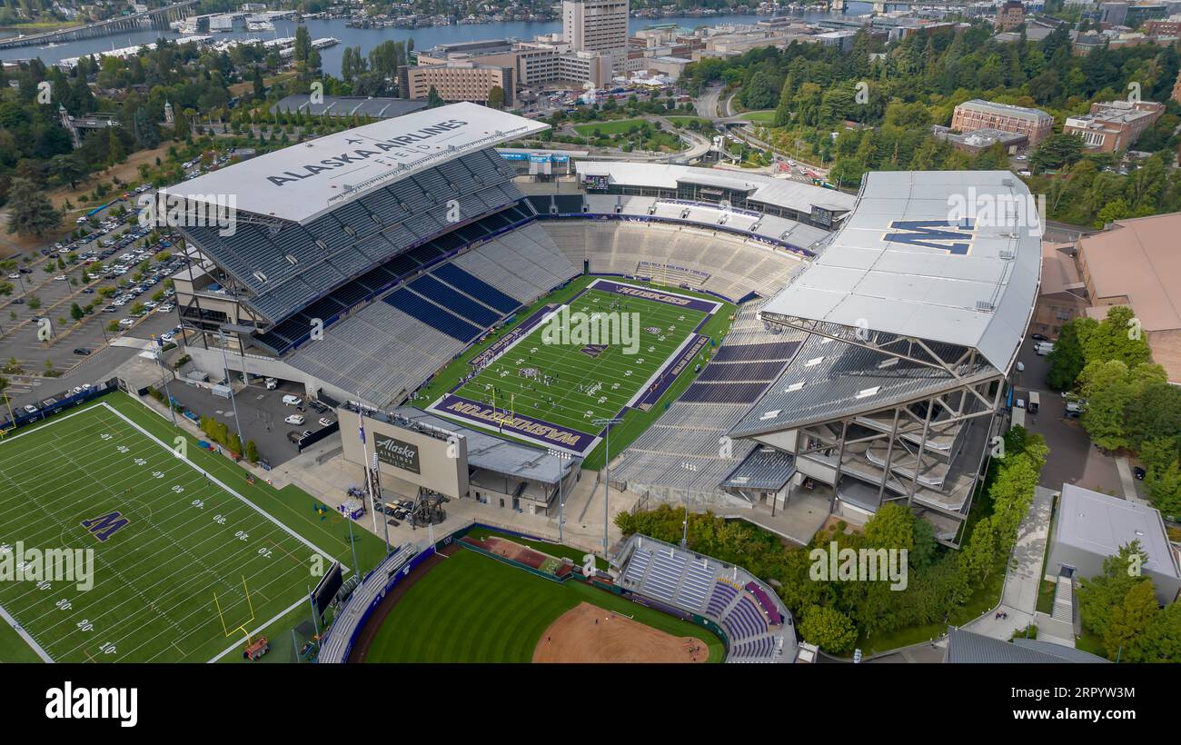 Seattle, WA, USA. 5th Sep, 2023. Aerial view of Husky Stadium (officially Alaska Airlines Field at Husky Stadium for sponsorship purposes) is an outdoor football stadium in the northwest United States, located on the campus of the University of Washington in Seattle, Washington. (Credit Image: © Walter G Arce Sr Grindstone Medi/ASP) EDITORIAL USAGE ONLY! Not for Commercial USAGE! Stock Photo