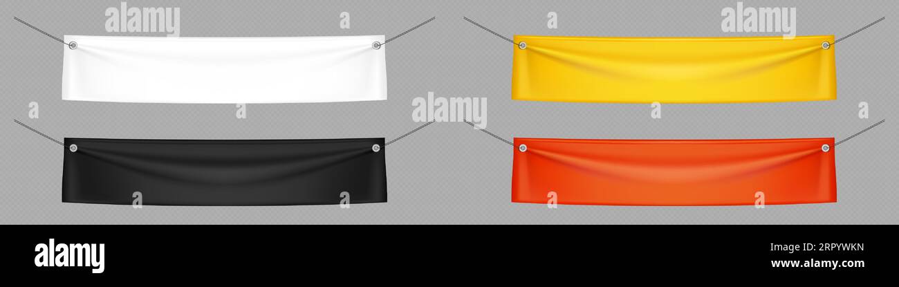 Banner Netal Rings Rope Realistic set of fabric banners hanging on ropes isolated on ...