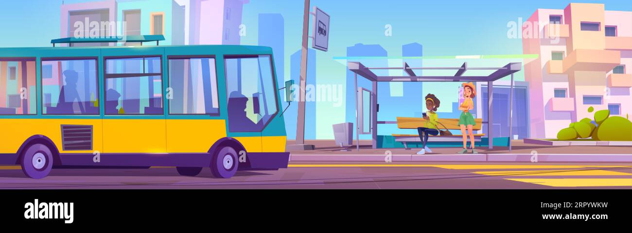 City bus arriving to pick up passengers at urban stop. Vector cartoon illustration of girls waiting public transport with gadgets in hands, glass shel Stock Vector