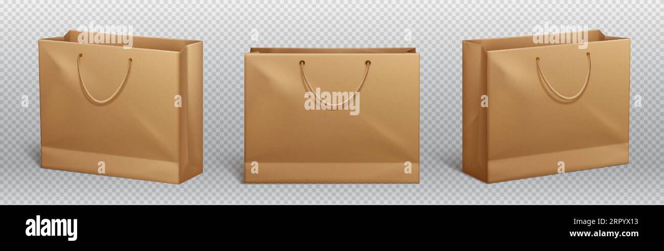 Craft paper bag and brown handle vector mockup. Shopping package mock ...