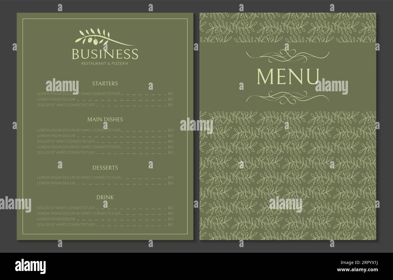 Olive Green Menu Card Template for Restaurants with Logo Stock Vector