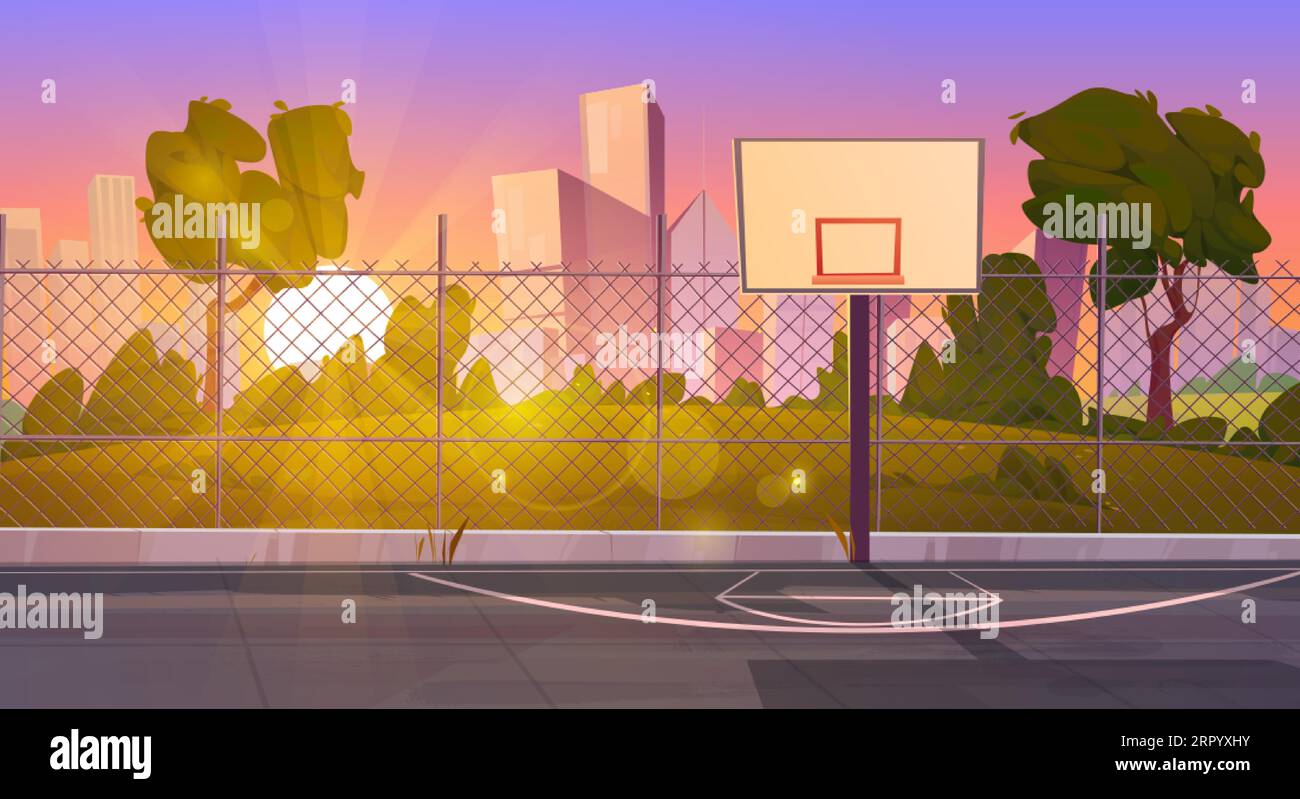 Sunset street basketball court cartoon background. School outdoor