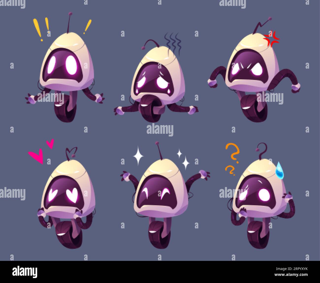 Cute ai robot character futuristic cartoon set. Artificial intelligence mascot design with emotions expression. Isolated angry, surprised, tired and h Stock Vector