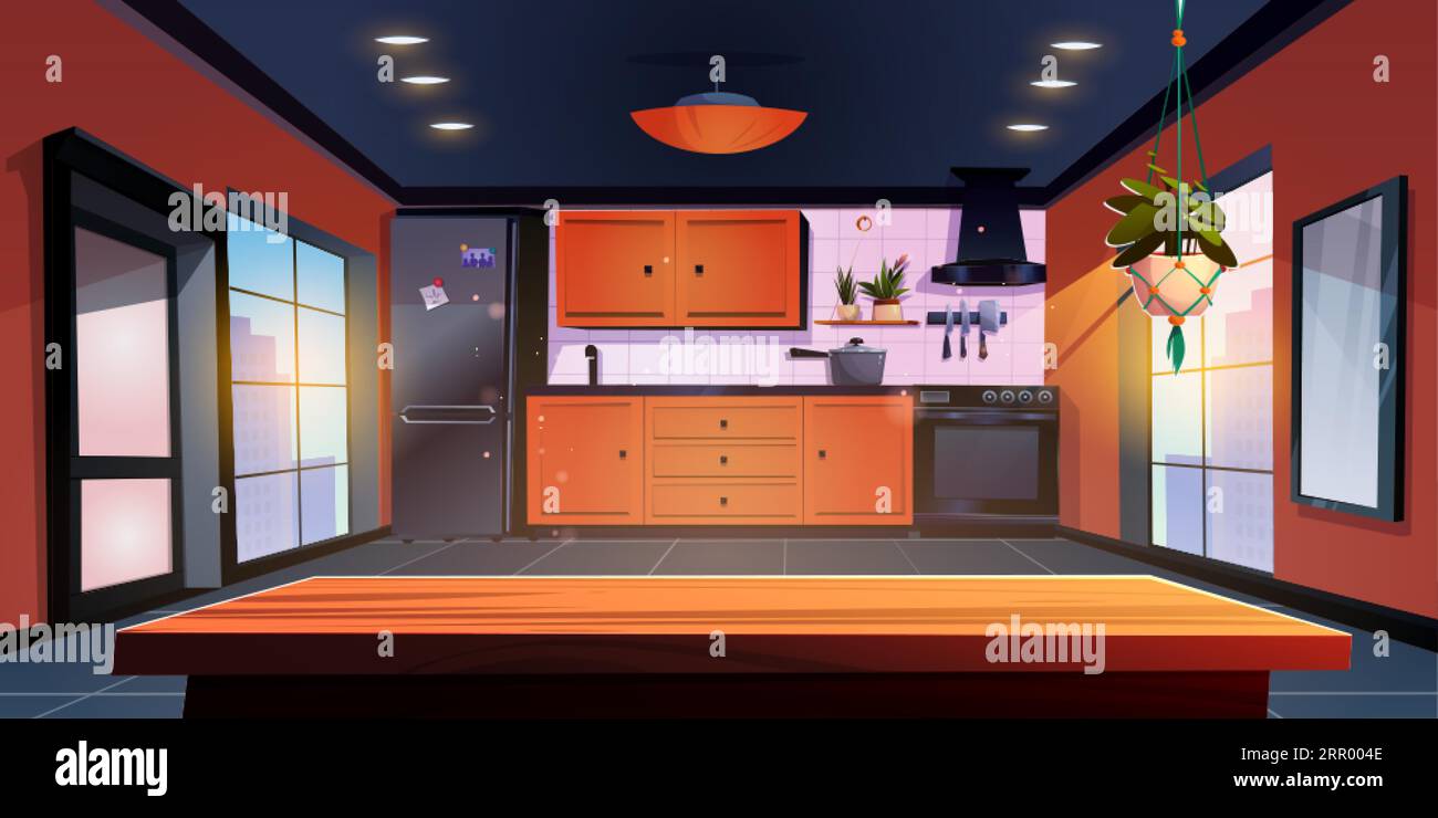 https://c8.alamy.com/comp/2RR004E/kitchen-interior-in-modern-urban-apartment-vector-cartoon-illustration-of-spacious-dining-room-with-orange-furniture-and-black-household-appliances-2RR004E.jpg