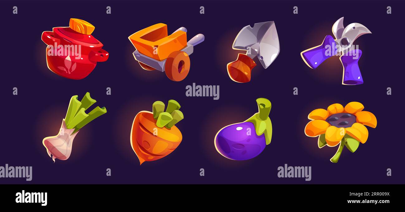 Ui farm game icon set o gardening tool and vegetable. Isolated cartoon