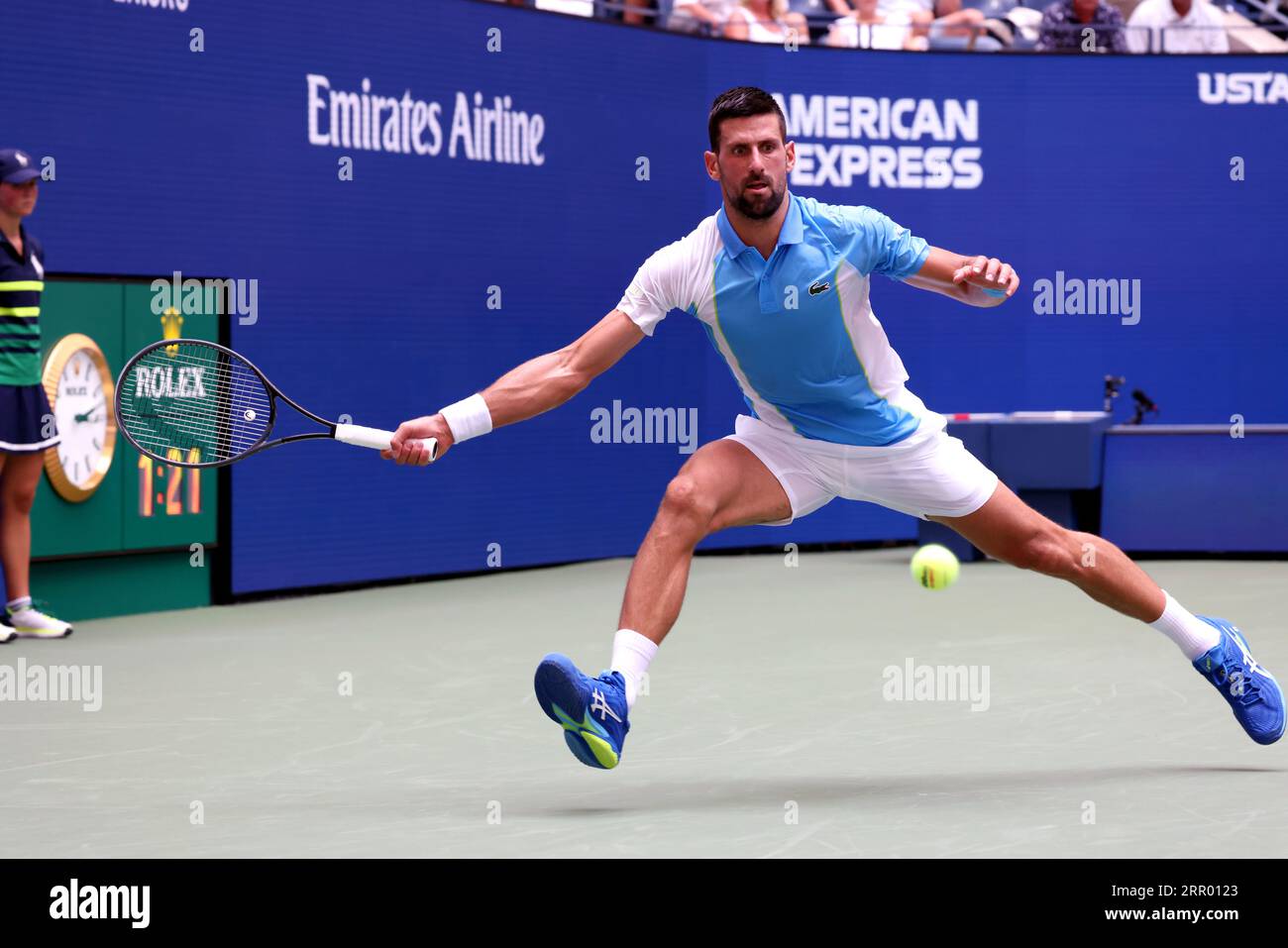 New York, United States. 05th Sep, 2023. Novak Djokovic during his quarterfinal match against Taylor Frtiz of the United States at the US Open. Photography by Credit: Adam Stoltman/Alamy Live News Stock Photo