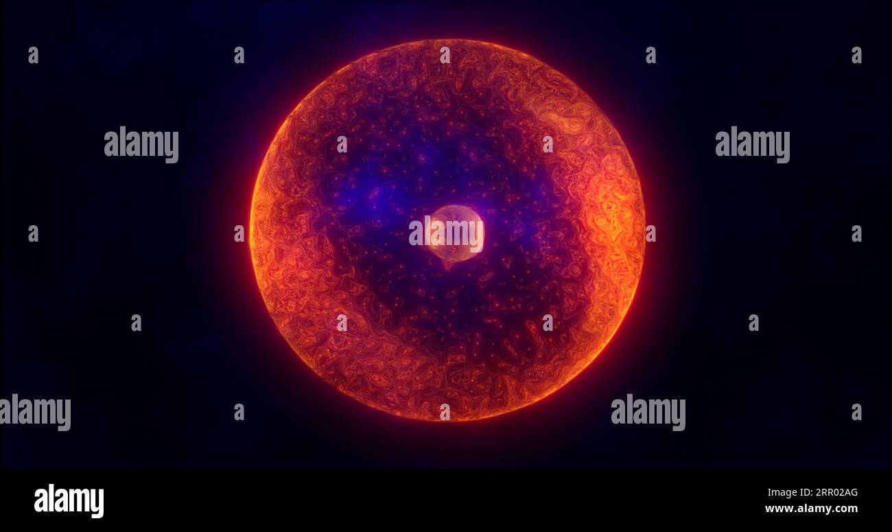 Orange energy sphere with glowing bright particles, atom with electrons