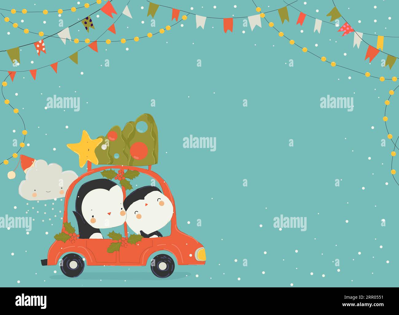 Cartoon Funny Penguins driving a Red Car with Christmas Tree Stock