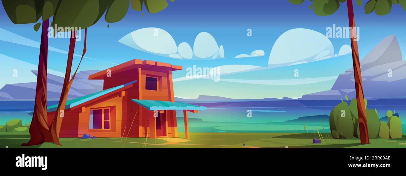 Wooden house against lake and mountain landscape. Vector cartoon illustration of shabby old hut with porch under tall trees, green grass and bushes on river bank, rocks under blue sky with clouds Stock Vector