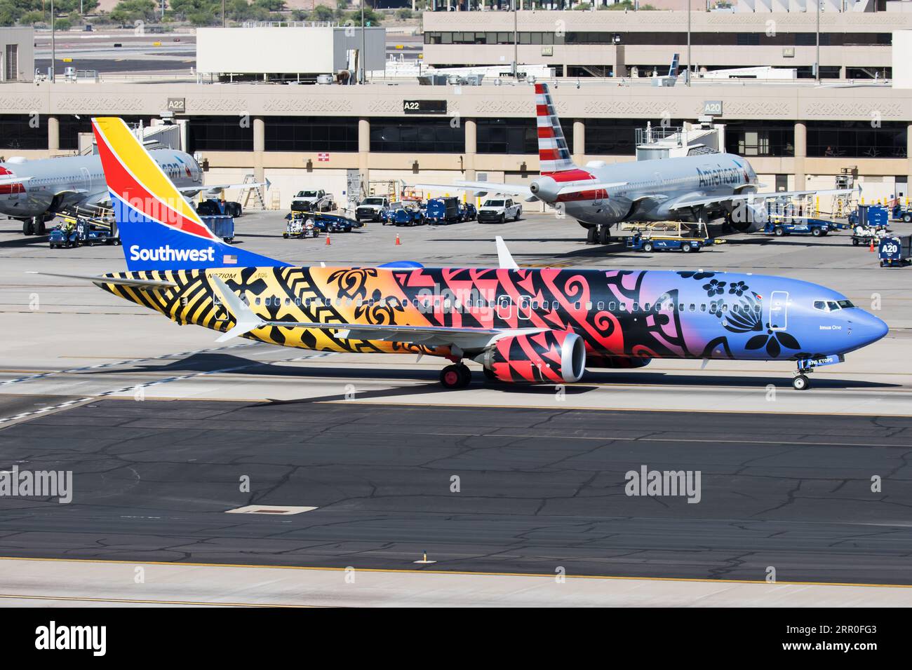 Southwest Airlines' new Hawaii state themed special livery is called Imua One, depicting the air of the native people of the islands. Stock Photo