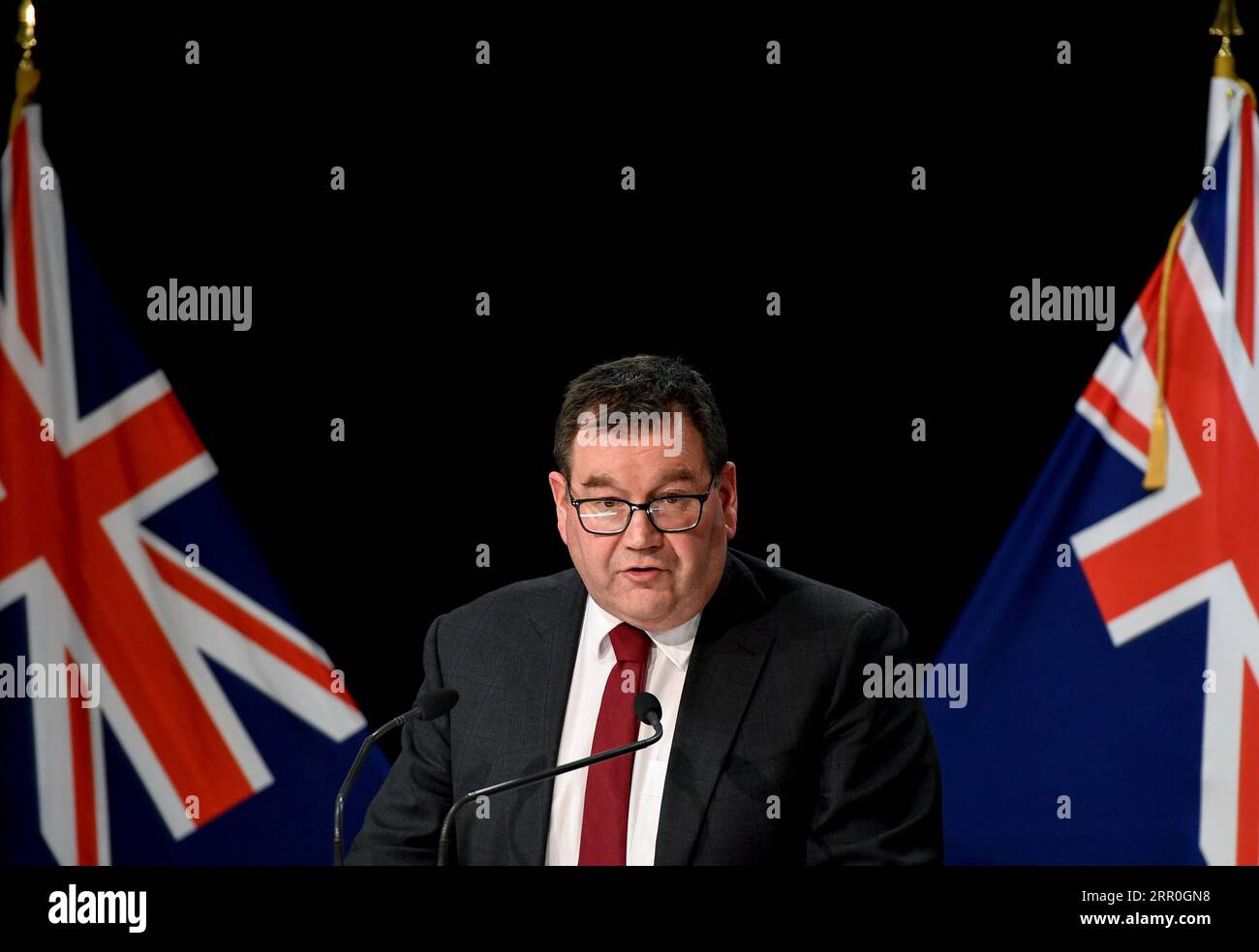 200814 -- WELLINGTON, Aug. 14, 2020 -- New Zealand Finance Minister Grant Robertson speaks during a press conference in Wellington, New Zealand, Aug. 14, 2020. New Zealand s largest city Auckland will remain in COVID-19 Alert Level 3 for 12 more days, with the rest of the country staying in Alert Level 2, as there are currently 36 active cases, 17 of which are linked to the recent community transmission in Auckland.  NEW ZEALAND-WELLINGTON-COVID-19-PRESS CONFERENCE GuoxLei PUBLICATIONxNOTxINxCHN Stock Photo