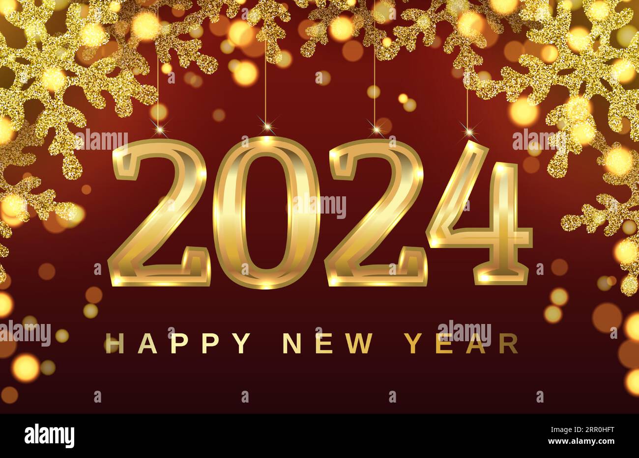 Christmas banner with snowflakes and numbers 2024. Gold glitter and