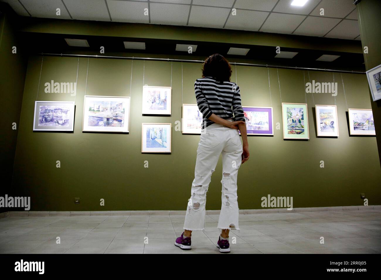 200816 -- BISHKEK, Aug. 16, 2020 Xinhua -- A visitor admires artist Emil Nasritdinov s paintings during an exhibition at Dubovy Park gallery in Bishkek, Kyrgyzstan, Aug. 15, 2020. All the proceeds of the exhibition will be donated to Fulbright Alumni Association to fight against COVID-19. Photo by Roman/Xinhua KYRGYZSTAN-BISHKEK-PAINTING EXHIBITION-COVID-19 PUBLICATIONxNOTxINxCHN Stock Photo