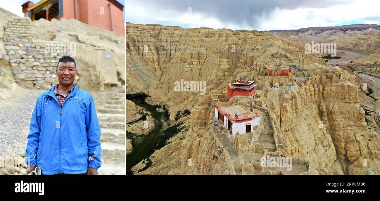 200820 -- LHASA, Aug. 20, 2020 -- In this combination photo taken on July 26, 2020, the left part is a portrait of villager Gesang Qoipei at the historical site of the ancient Guge Kingdom near Zhaburang Village of Zanda County, Ngari Prefecture, southwest China s Tibet Autonomous Region and the right part shows an aerial view of the ancient Guge Kingdom historical site in Zanda County. Gesang Qoipei works on a conservation team for cultural relics related to the ancient Guge Kingdom. He has also invested in a family hotel catering to tourists while acting as a part time guide. In recent years Stock Photo