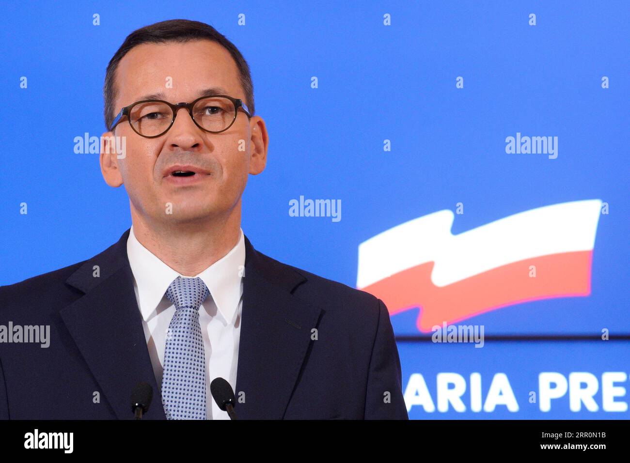 200820 -- WARSAW, Aug. 20, 2020 -- Polish Prime Minister Mateusz Morawiecki speaks during a press conference in Warsaw, Poland, on Aug. 20, 2020. Morawiecki on Thursday announced that Adam Niedzielski would replace Lukasz Szumowski as the new health minister while Zbigniew Rau would replace Jacek Czaputowicz as the new foreign minister, Polish Press Agency reported. Photo by /Xinhua POLAND-WARSAW-PM-PRESS CONFERENCE JaapxArriens PUBLICATIONxNOTxINxCHN Stock Photo