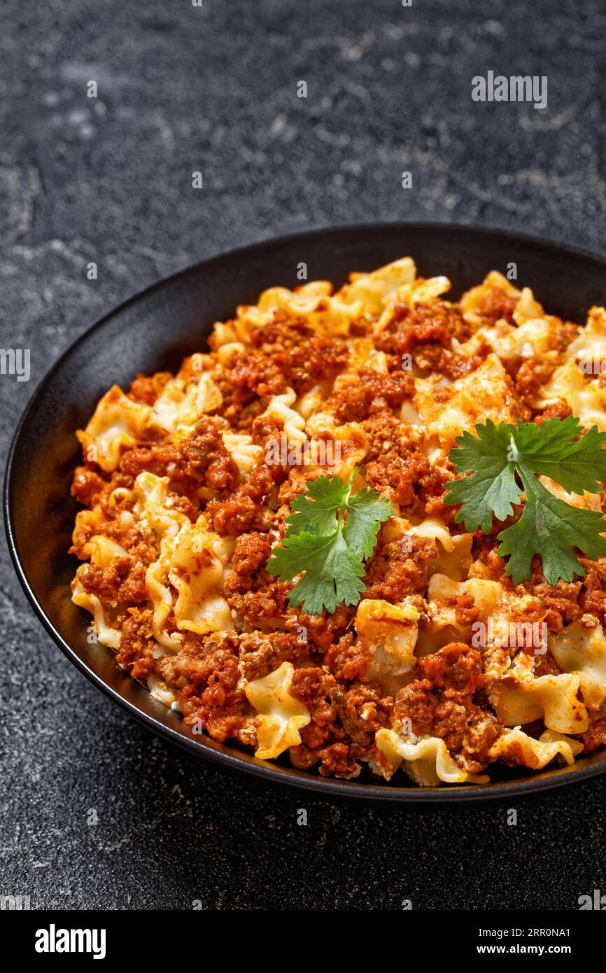 bolognese with ground beef, tomatoes, ricotta and cheese on black bowl on concrete