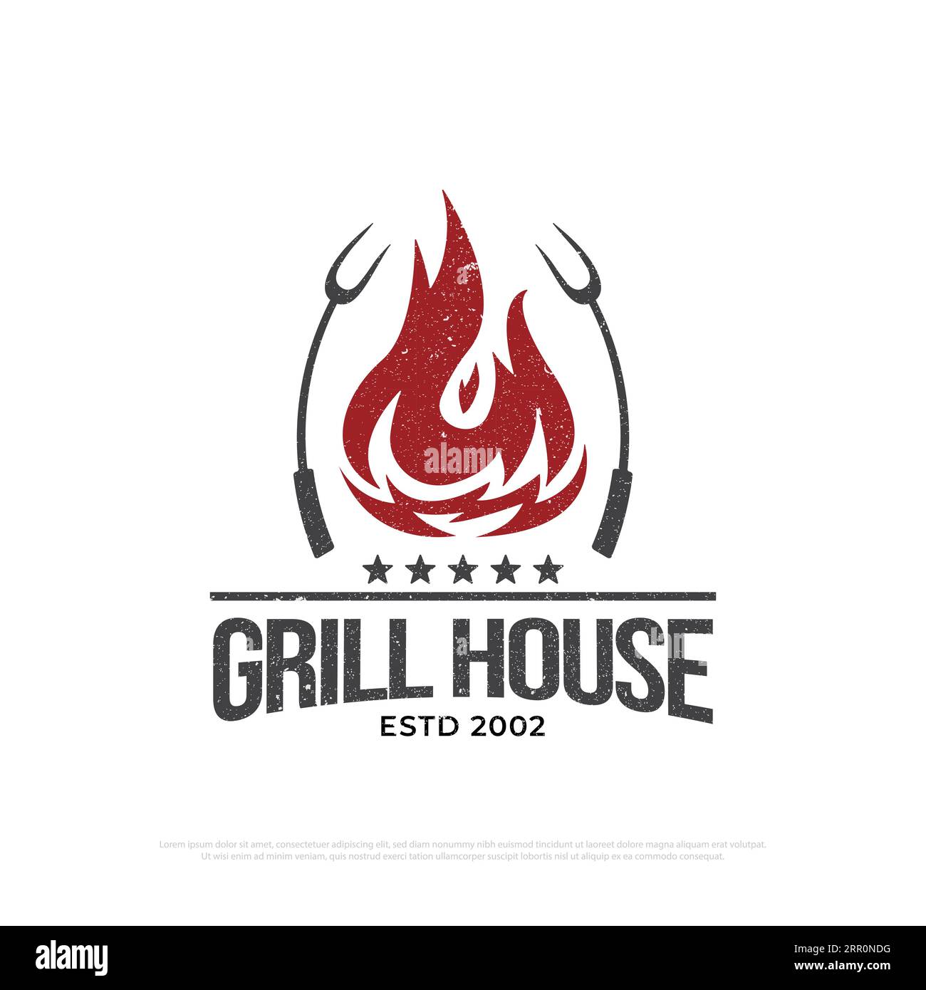 Grill house barbecue logo design with grunge style, retro BBQ vector, barbeque bar and restaurant icon, Red fire vector illustration Stock Vector