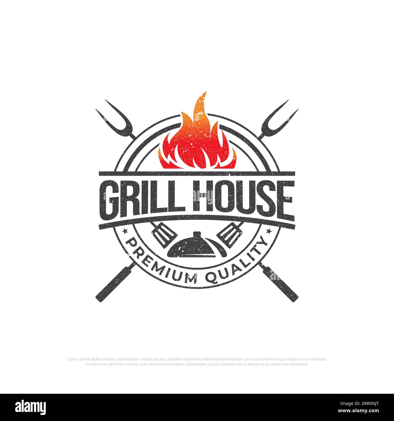 Grill house barbecue rustic logo design, retro BBQ vector, barbeque bar and restaurant icon, Red fire icon vector illustration Stock Vector
