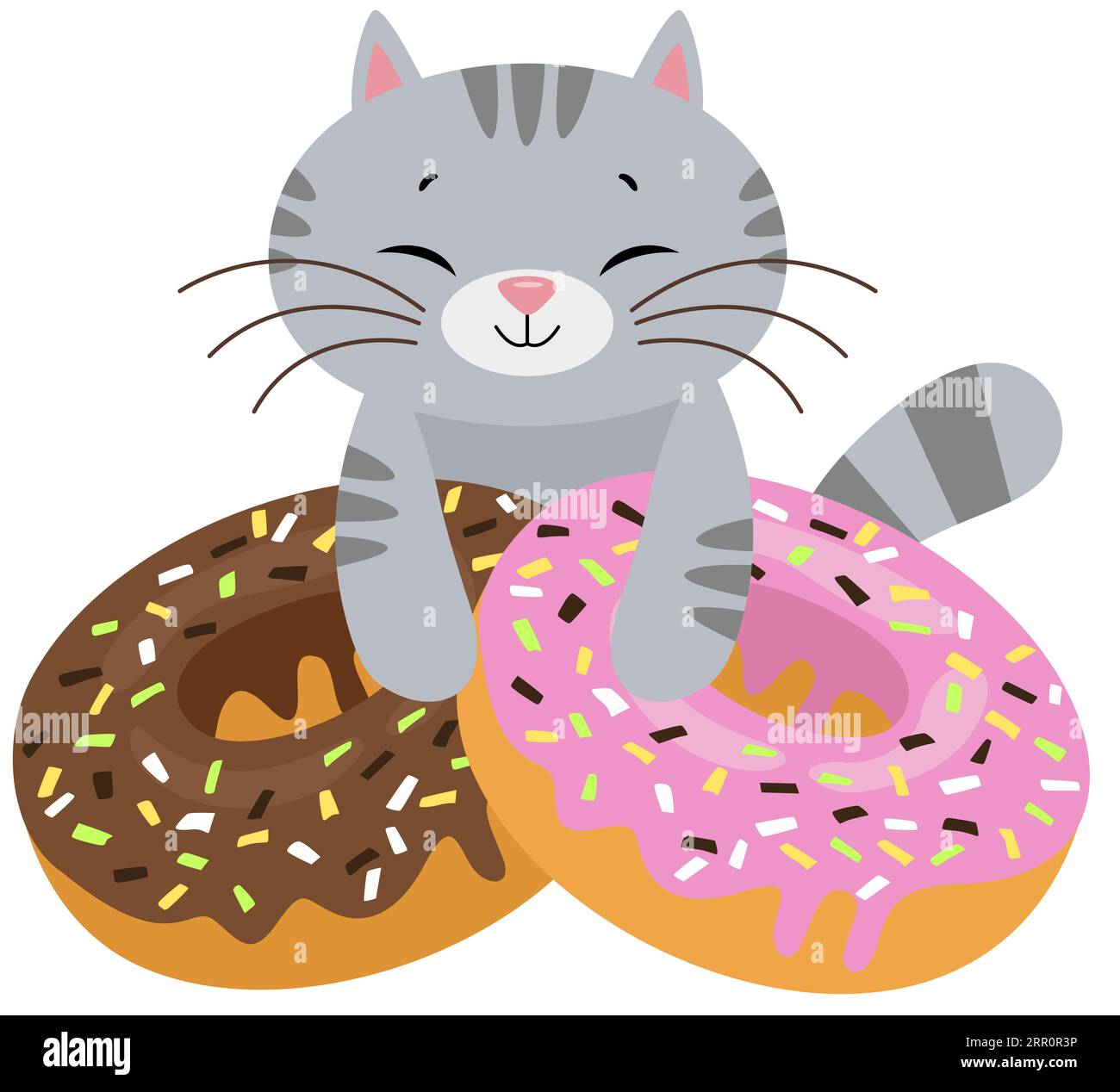 Funny cat with strawberry and chocolate donuts Stock Photo