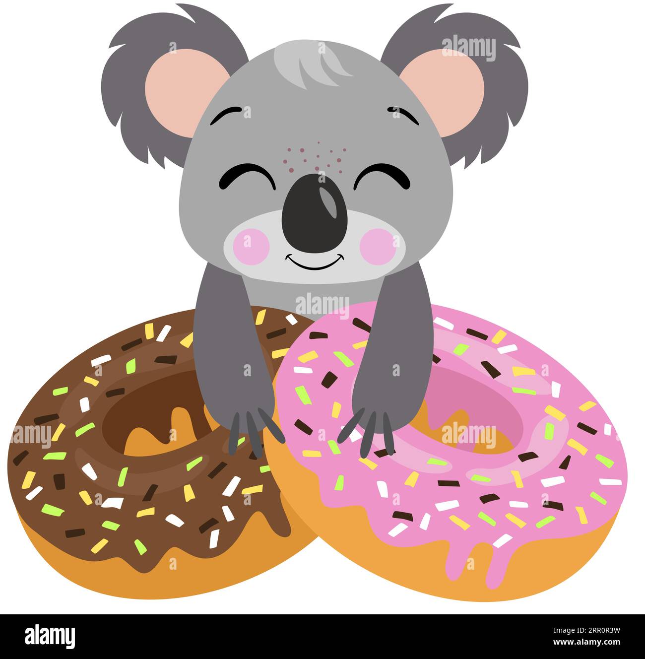 Funny koala with strawberry and chocolate donuts Stock Photo