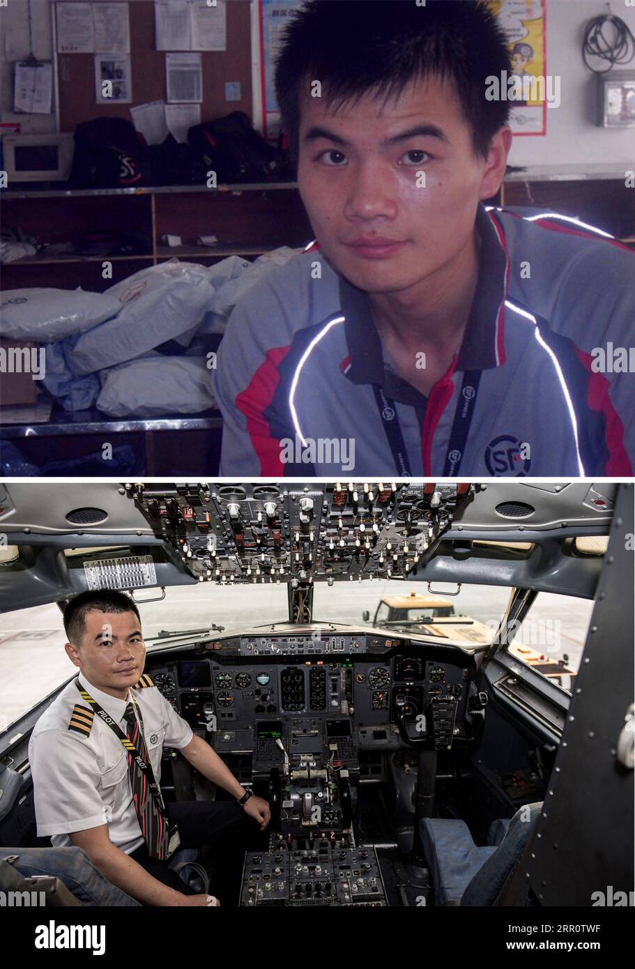 200826 -- SHENZHEN, Aug. 26, 2020 -- Combo photo shows newly-recruited Wang Qinjin posing for a photo in the warehouse of the SF Express Co., Ltd. in 2009 up and Wang in the flight deck of an airplane of the company in Shenzhen Bao an International Airport in Shenzhen, south China s Guangdong Province, on Feb. 20, 2019 bottom, photo taken by . The 32-year-old Wang Qinjin came from Leping City of east China s Jiangxi Province. After graduation from the Taiyuan University of Science and Technology, he came to Shenzhen in 2009 to find a job. Attracted by the talent reserve project of the SF Expre Stock Photo