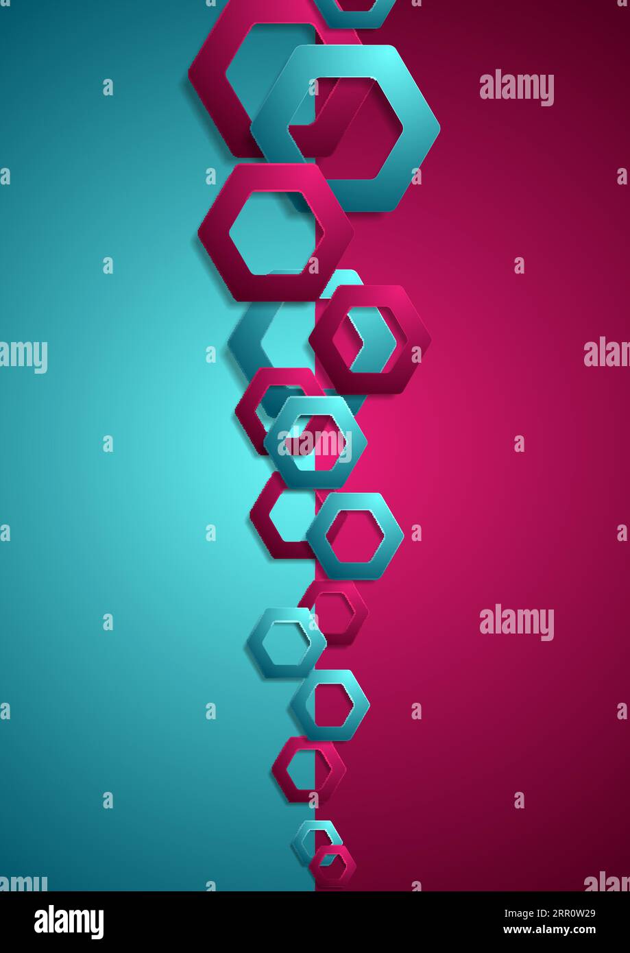 Contrast blue and purple tech background with hexagons. Vector geometry design Stock Vector