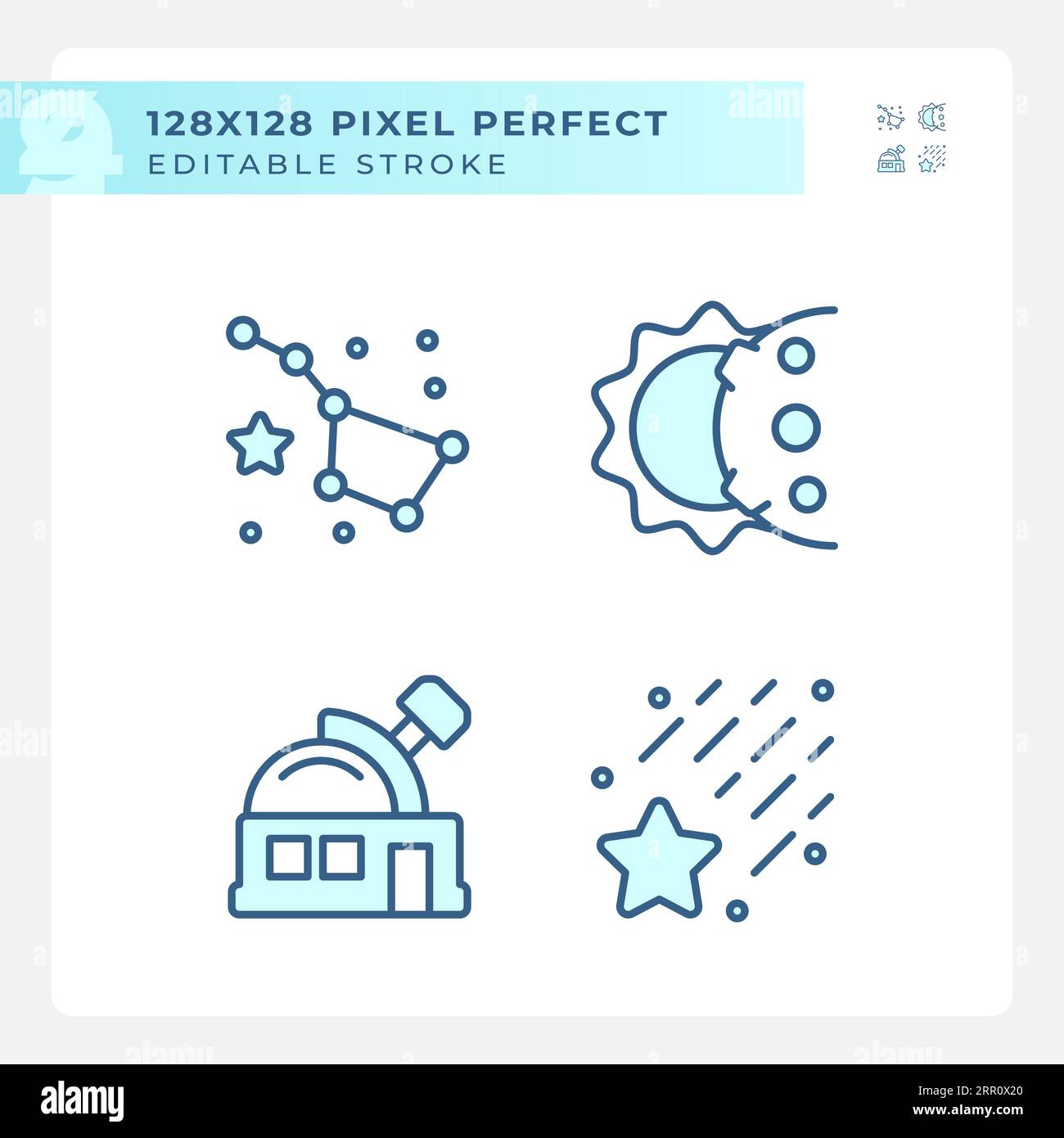 Astronomy science pixel perfect light blue icons Stock Vector