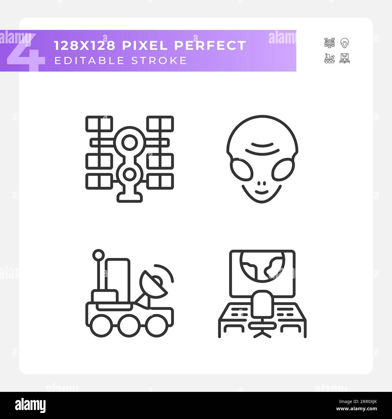 Sci fi pixel perfect linear icons set Stock Vector