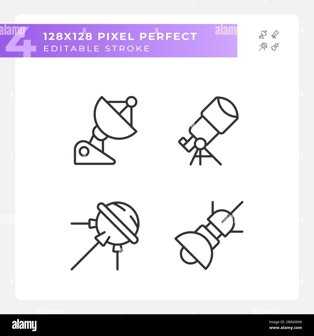 Space technology pixel perfect linear icons set Stock Vector