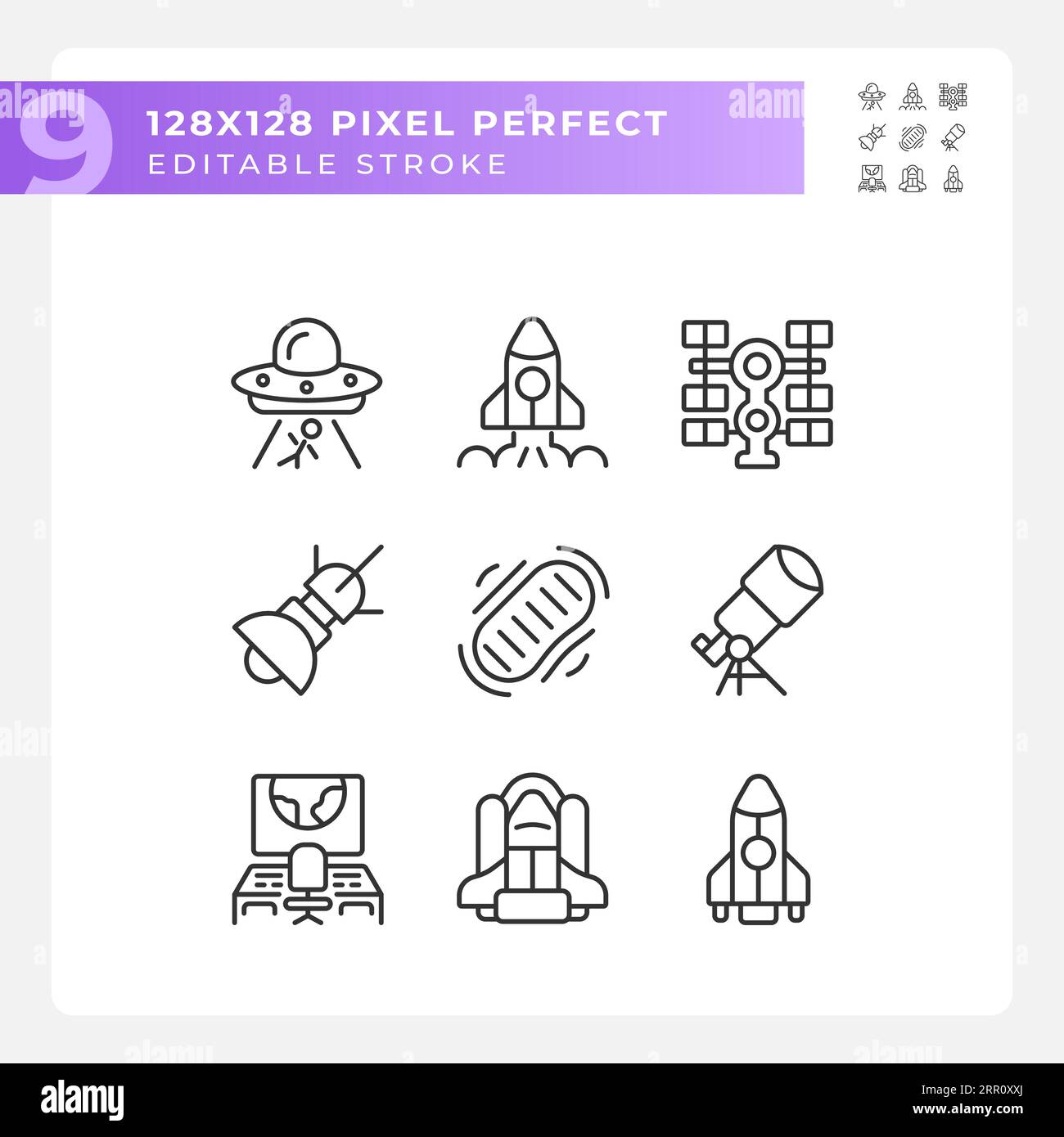 Science fiction pixel perfect linear icons set Stock Vector