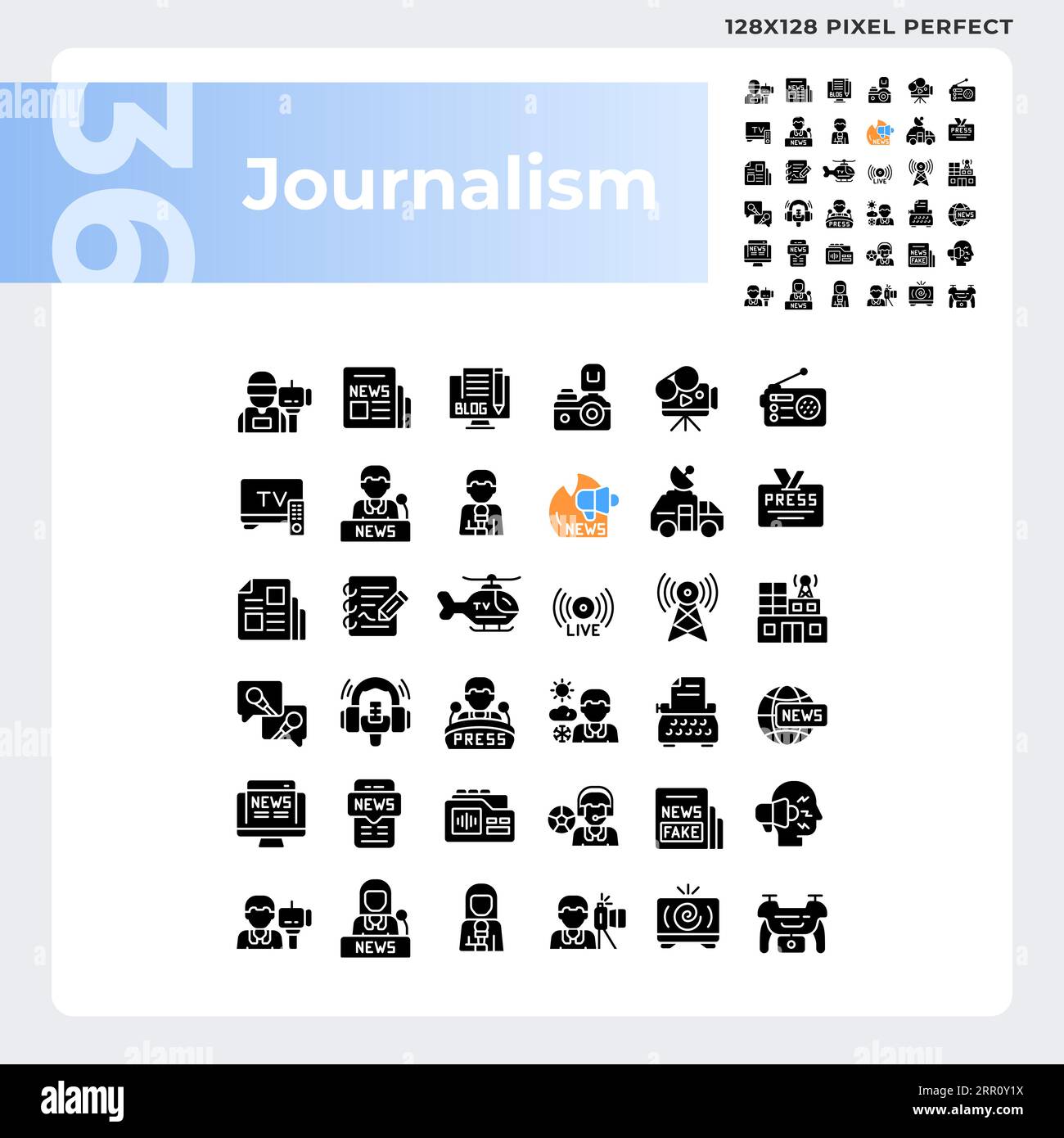 2D pixel perfect glyph style journalism icons set Stock Vector