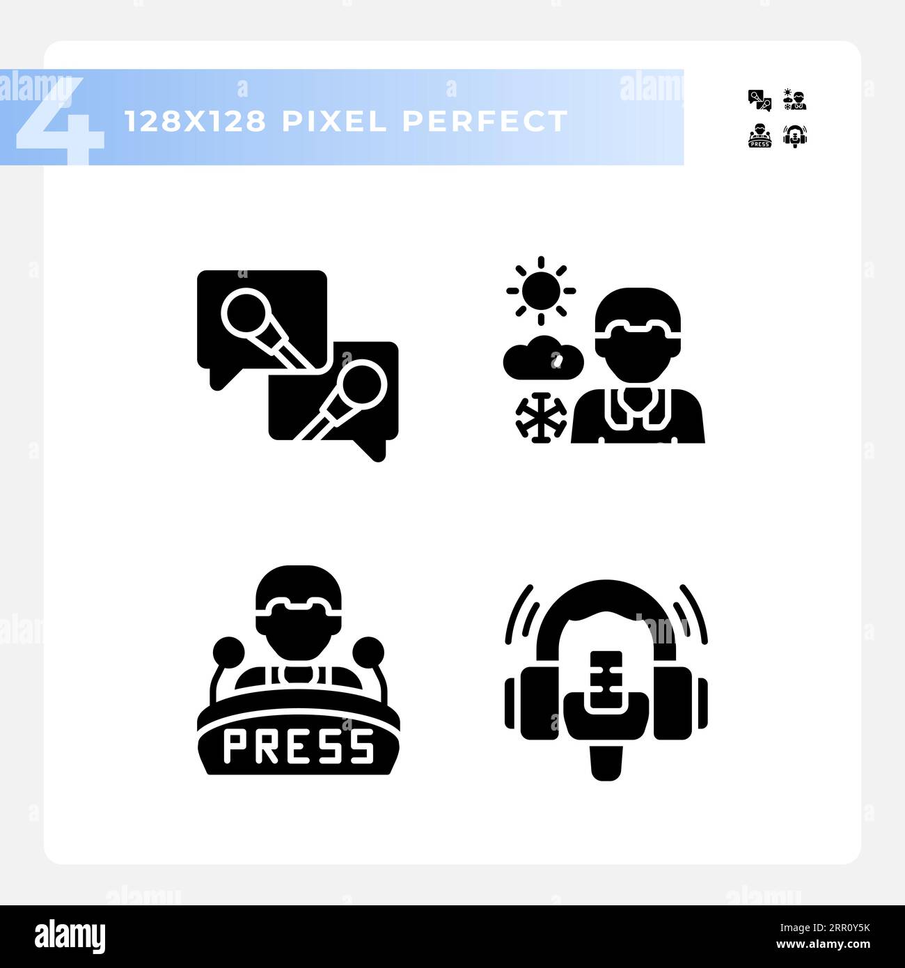 Pixel perfect glyph style journalism solid icons set Stock Vector