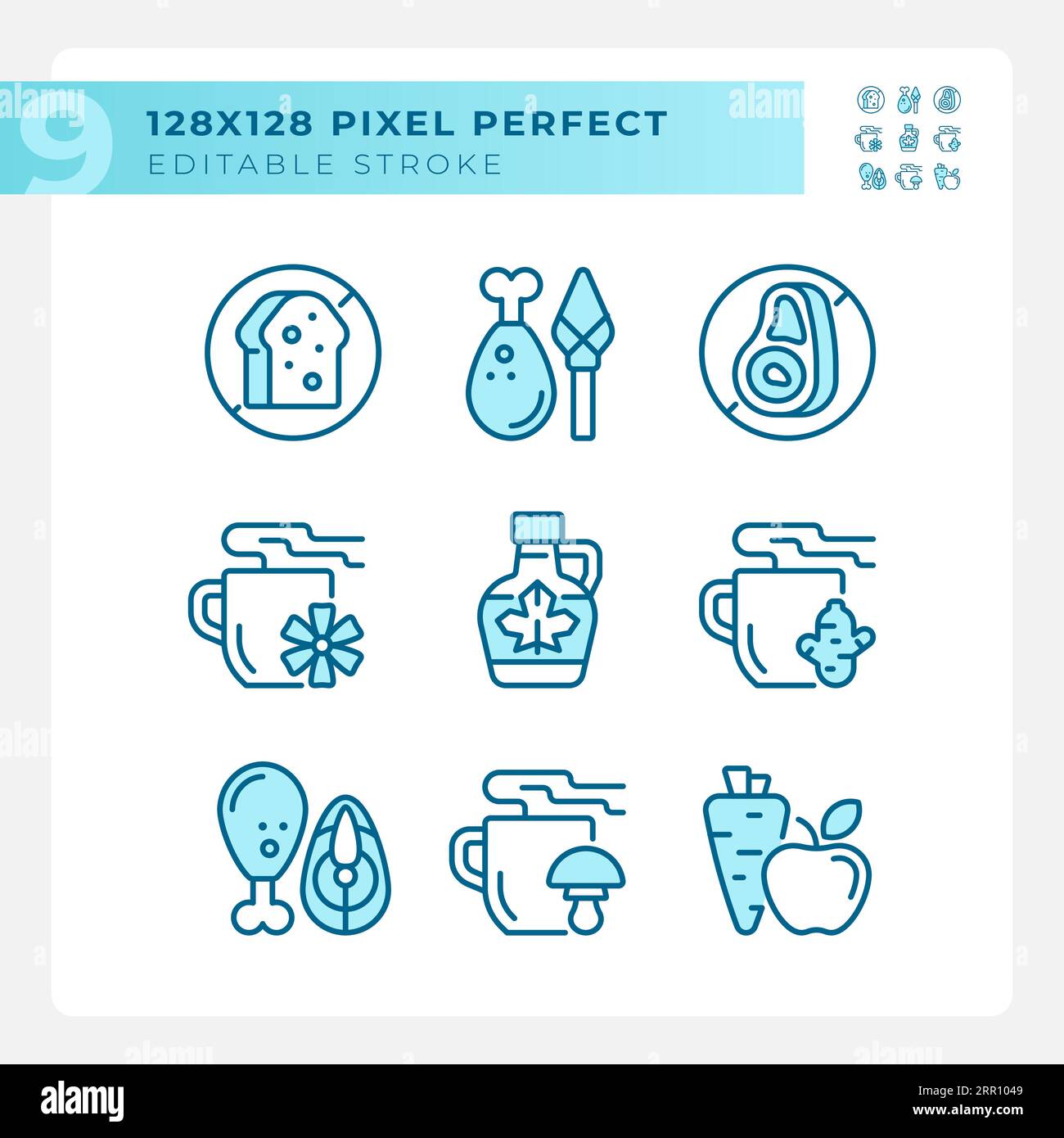 2D editable pixel perfect blue allergen free icons Stock Vector