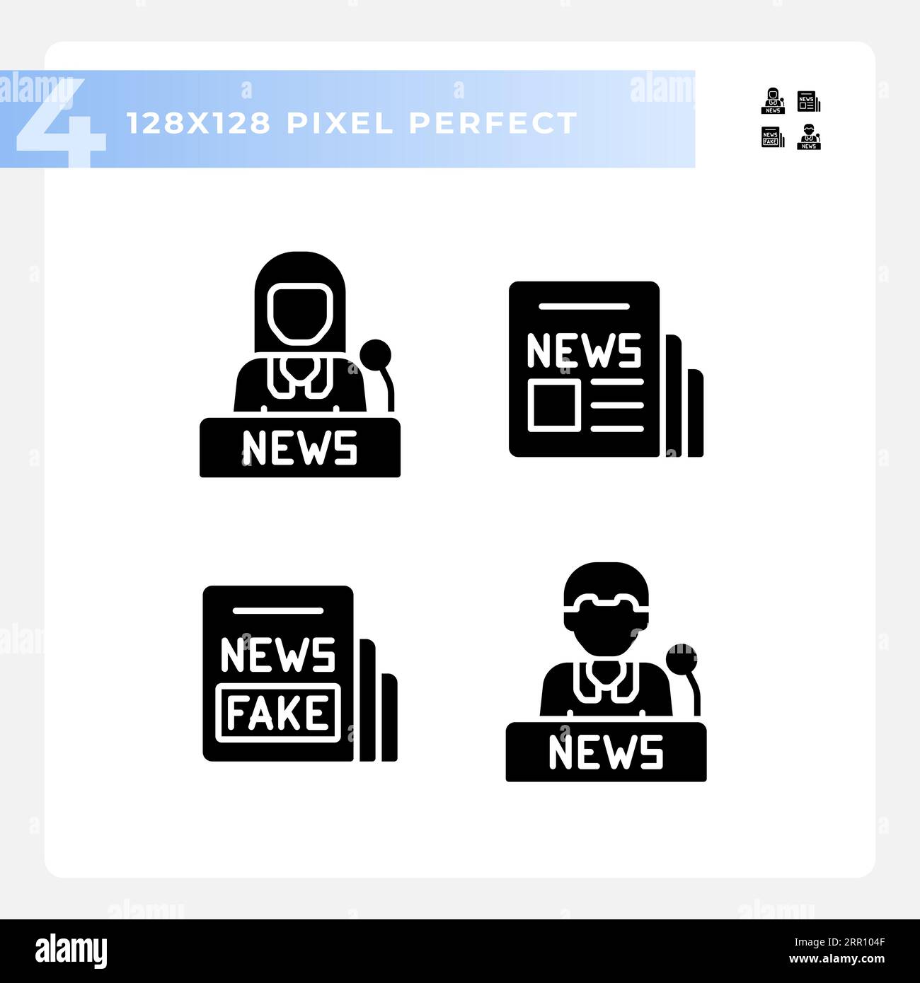 Pixel perfect glyph style journalism icons Stock Vector