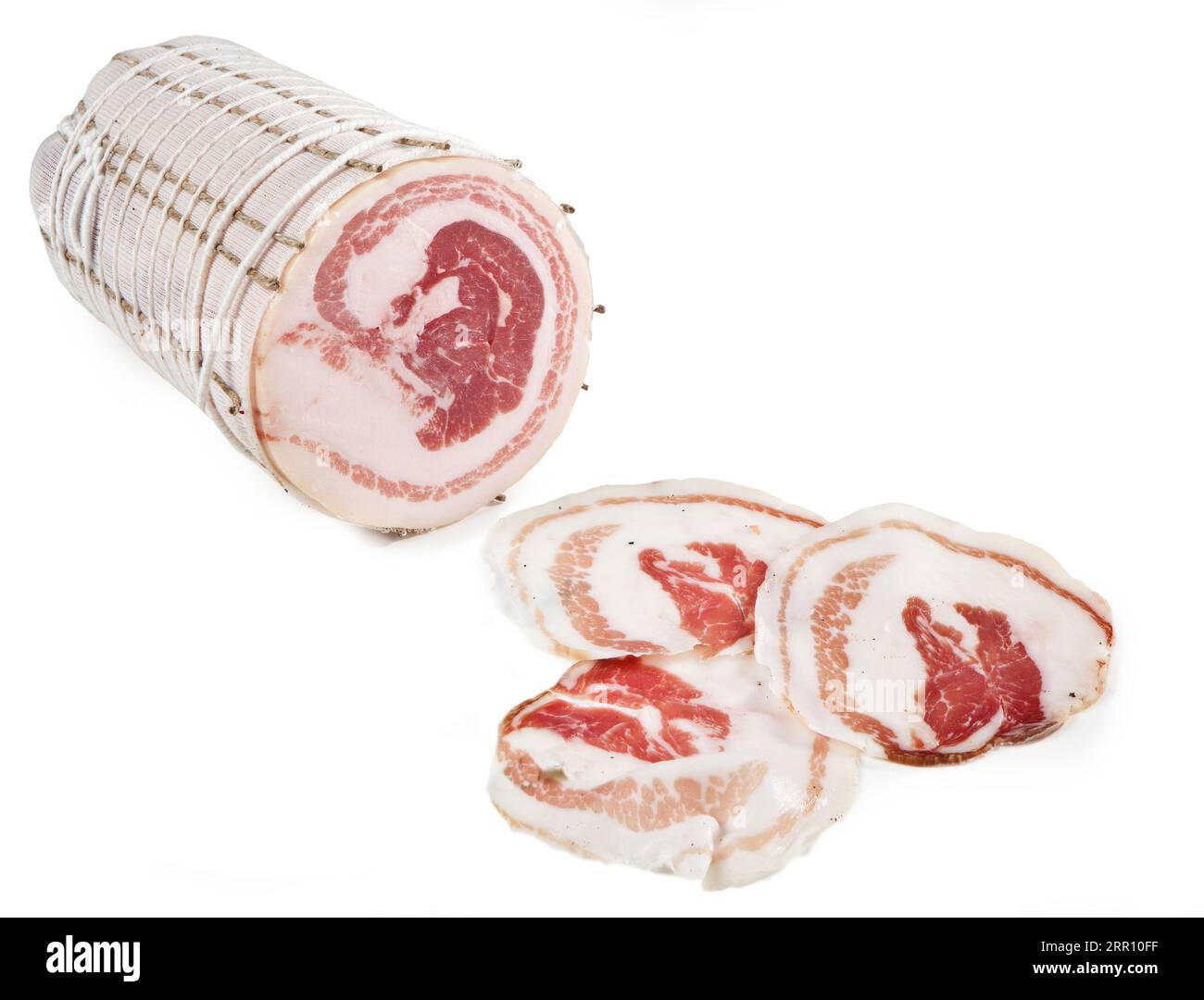Pancetta arrotolata isolated on white background Stock Photo Alamy